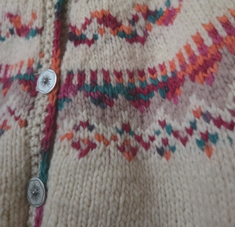 Fair Isle Button-Up Cardigan Virgin Wool Sweater Canadian Large - Picture 3 of 8